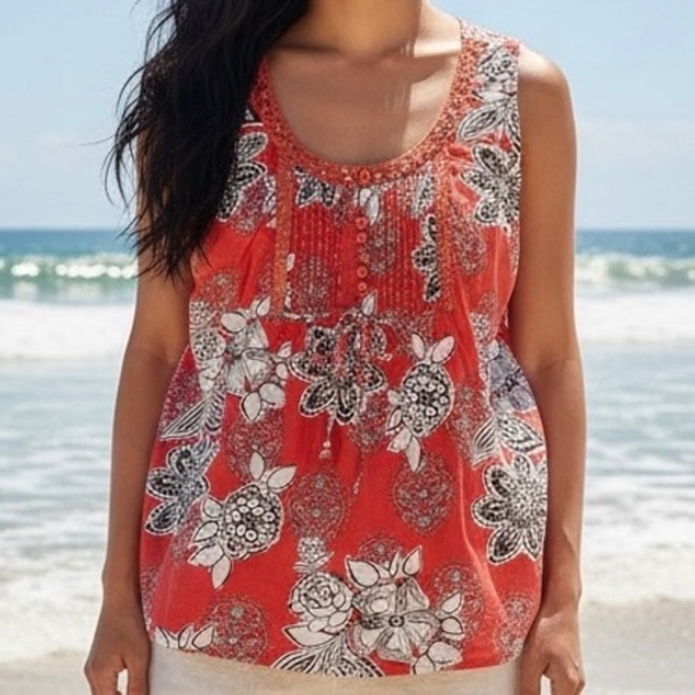 Womens Coral Floral Paisley Cotton Tank Top Beaded Sequin Boho Sz M Beachy Vacay